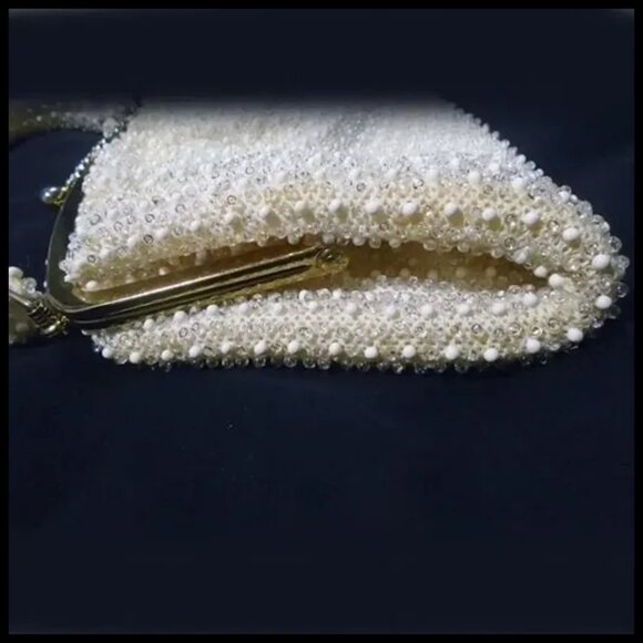 Vintage White Beaded Handbag With Clear Beads, Top Handle Purse VFG - Picture 5 of 15